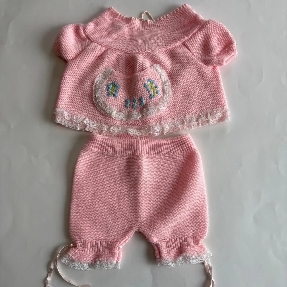 Vintage Infant Girls Pink Knit Set Lace Accents Floral Embroidery Acrylic